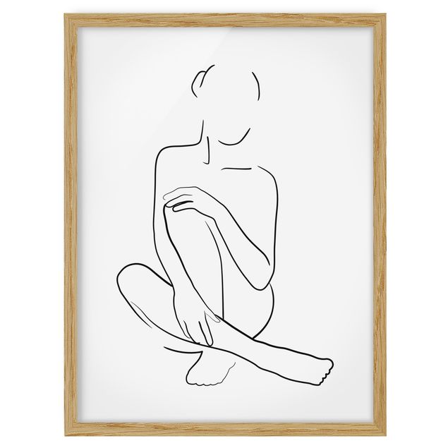 Wandbilder Kunstdrucke Line Art Frau sitzt Schwarz Weiß