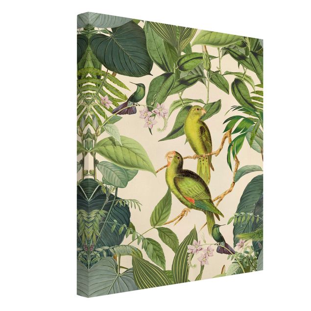 Blumenbilder auf Leinwand Vintage Collage - Papageien im Dschungel