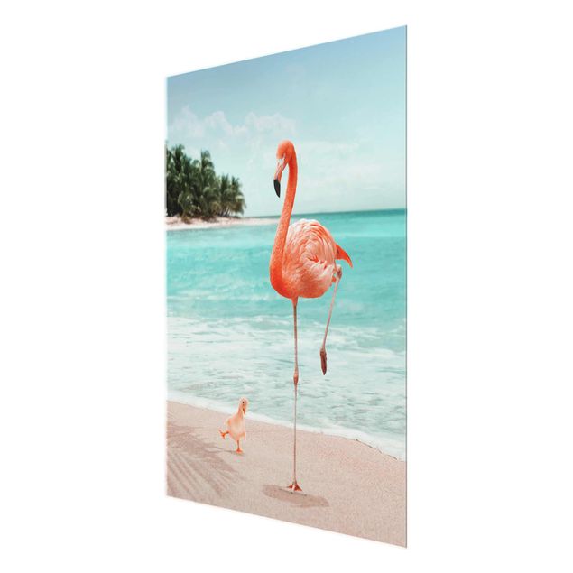 Blumen Glasbilder Strand mit Flamingo