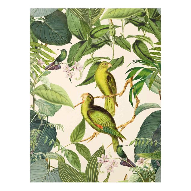 Wandbilder Blumen Vintage Collage - Papageien im Dschungel