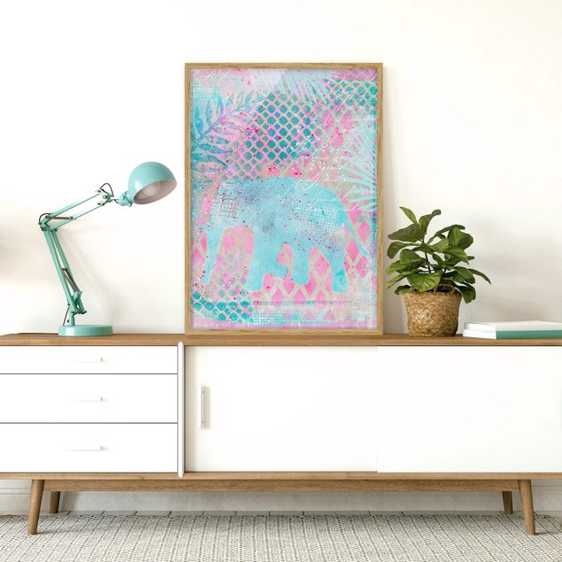 Wandbilder Elefanten Bunte Collage - Elefant in Blau und Rosa