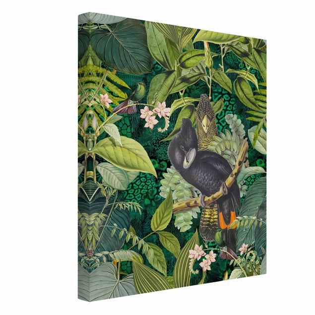Blumenbilder auf Leinwand Bunte Collage - Kakadus im Dschungel