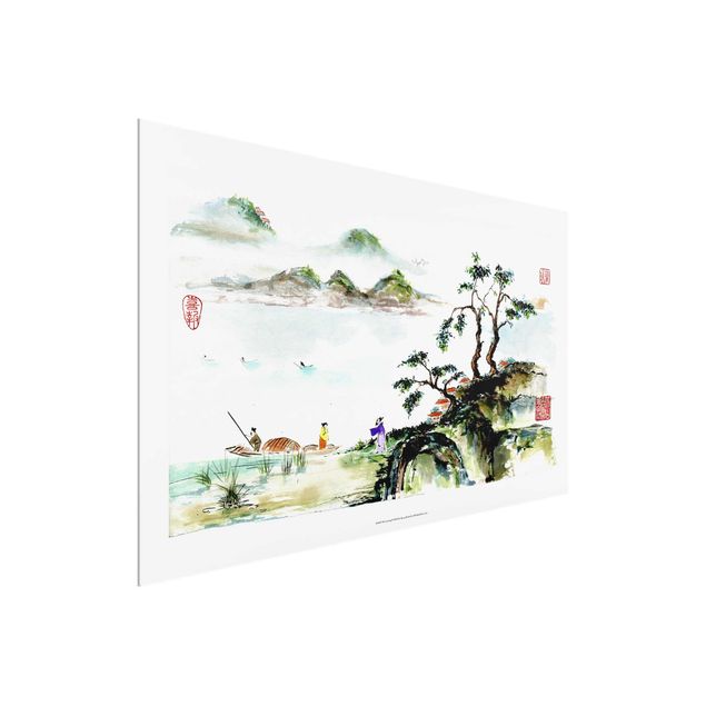 Wandbilder Landschaften Japanische Aquarell Zeichnung See und Berge