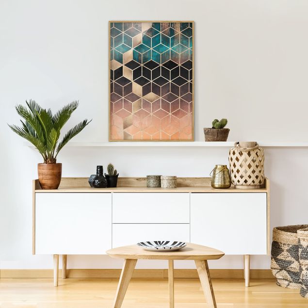 Wandbilder 3D Türkis Rosé goldene Geometrie