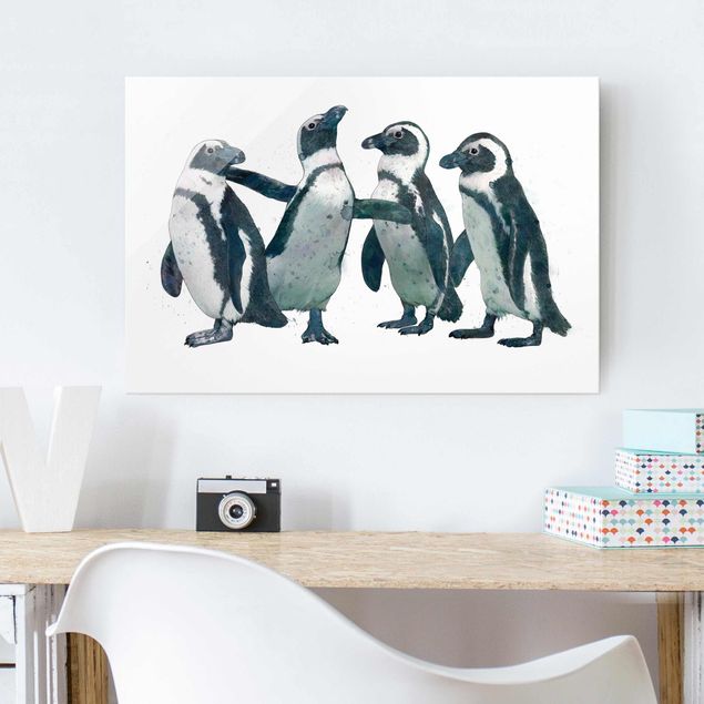Bilder auf Glas Illustration Pinguine Schwarz Weiß Aquarell
