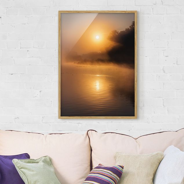 Wandbilder Landschaften Sonnenaufgang am See mit Rehen im Nebel