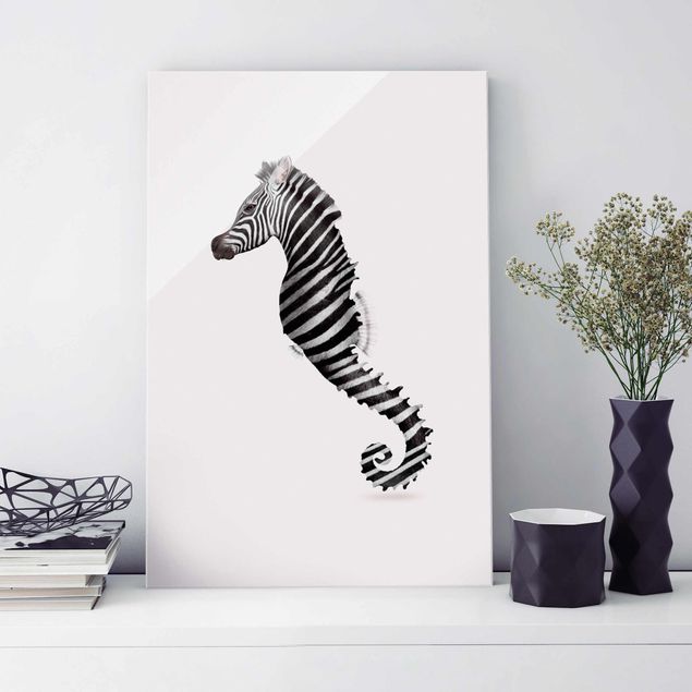Wandbilder Schwarz-Weiß Seepferdchen mit Zebrastreifen