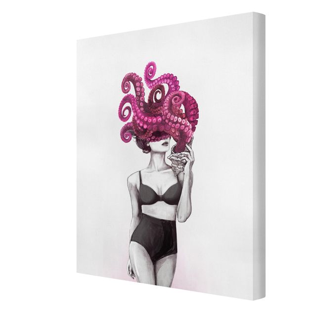 Kunstdrucke auf Leinwand Illustration Frau in Unterwäsche Schwarz Weiß Oktopus
