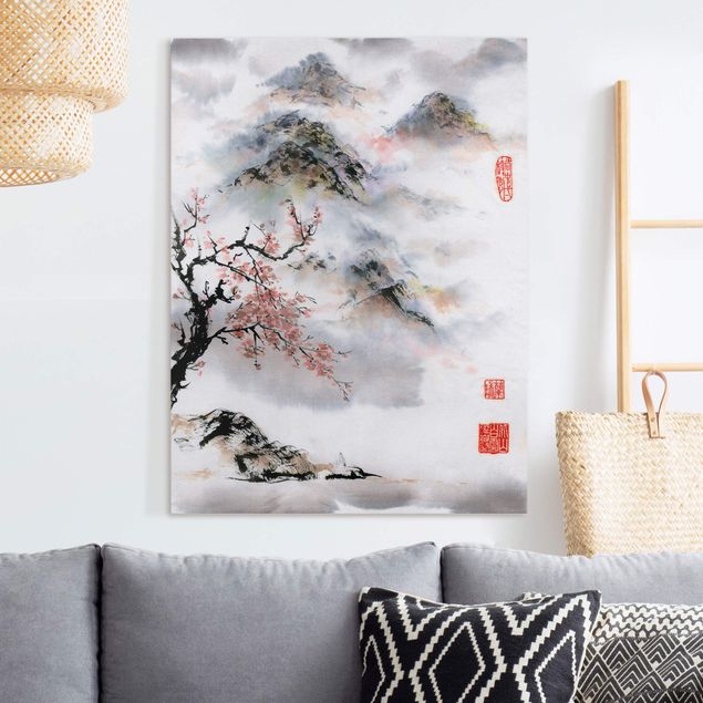 Wanddeko Küche Japanische Aquarell Zeichnung Kirschbaum und Berge