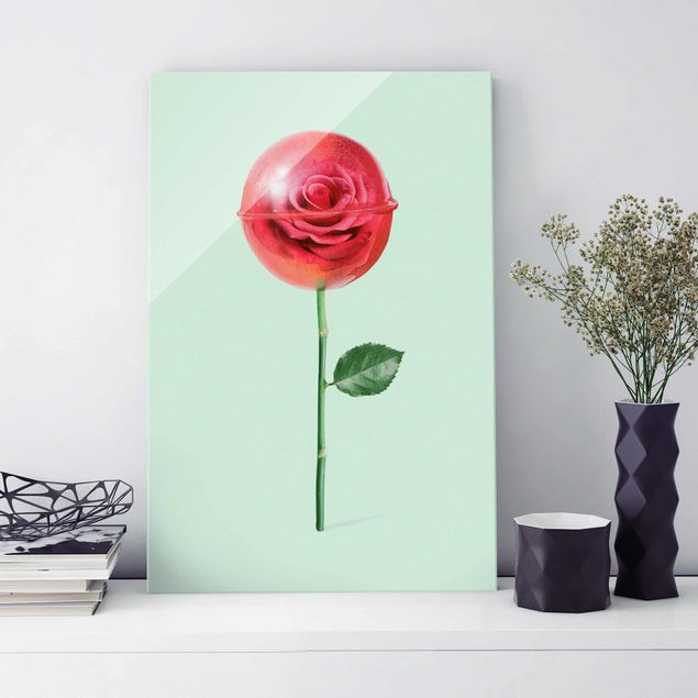Glasbilder Rosen Rose mit Lollipop