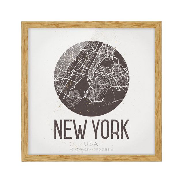 Gerahmte Bilder Sprüche Stadtplan New York - Retro