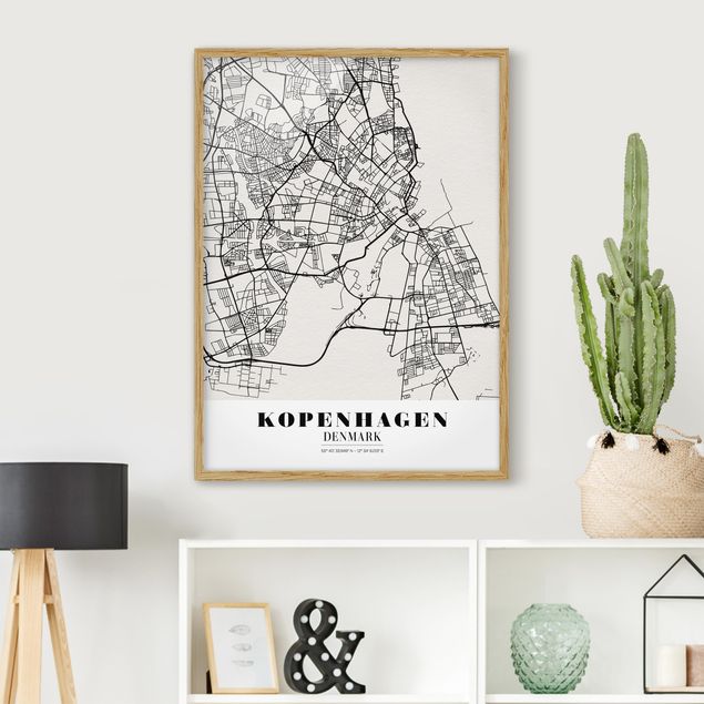 gerahmte Bilder schwarz-weiß Stadtplan Kopenhagen - Klassik