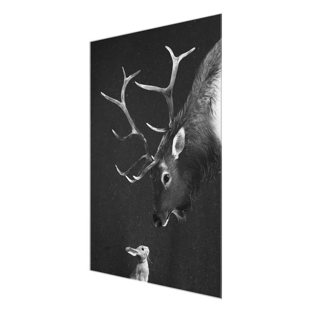 Glasbilder Tiere Illustration Hirsch und Hase Schwarz Weiß Malerei