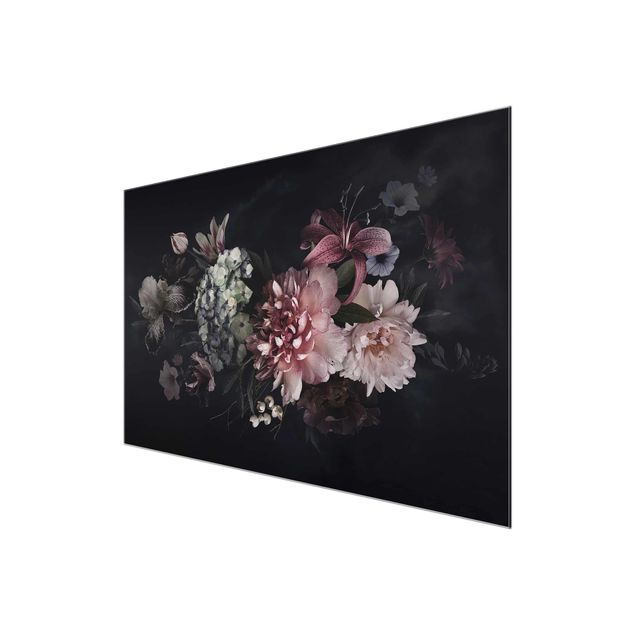 Wandbilder Blumen Blumen mit Nebel auf Schwarz