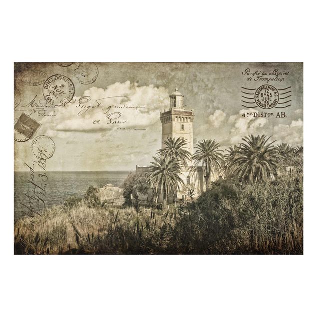 Glasbilder Strand und Meer Vintage Postkarte mit Leuchtturm und Palmen