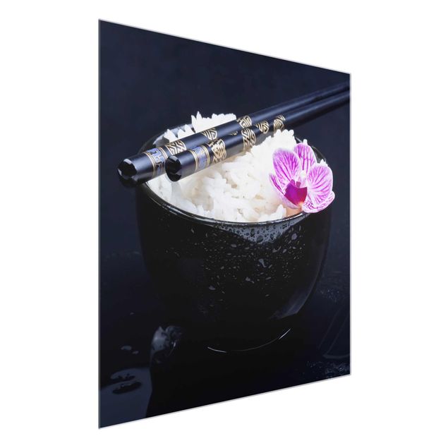 Glasbilder Blumen Reisschale mit Orchidee