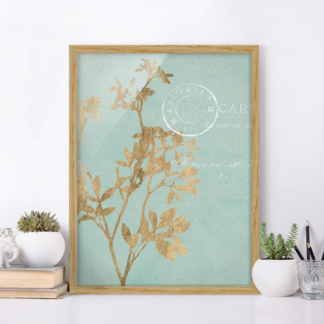 Blumenbilder mit Rahmen Goldene Blätter auf Turquoise I