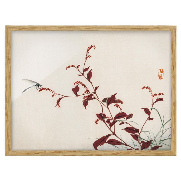 Wandbilder Blumen Asiatische Vintage Zeichnung Roter Zweig mit Libelle