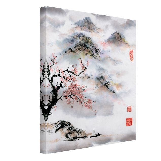 Wandbilder Berge Japanische Aquarell Zeichnung Kirschbaum und Berge