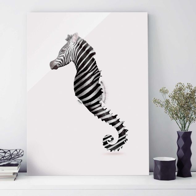 Wandbilder Schwarz-Weiß Seepferdchen mit Zebrastreifen