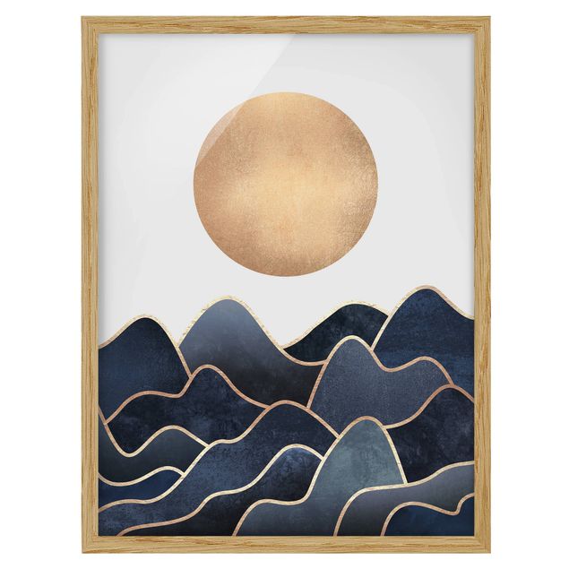abstrakte Bilder mit Rahmen Goldene Sonne blaue Wellen