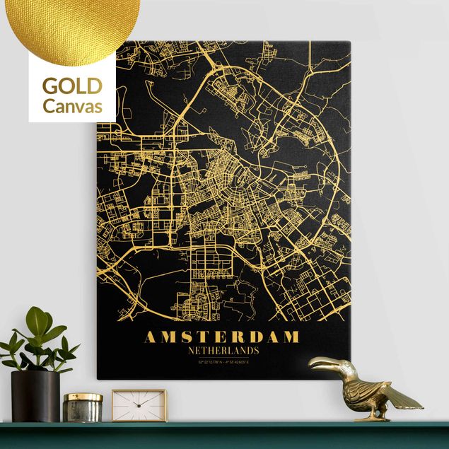 Weltkarte Leinwandbild Stadtplan Amsterdam - Klassik Schwarz