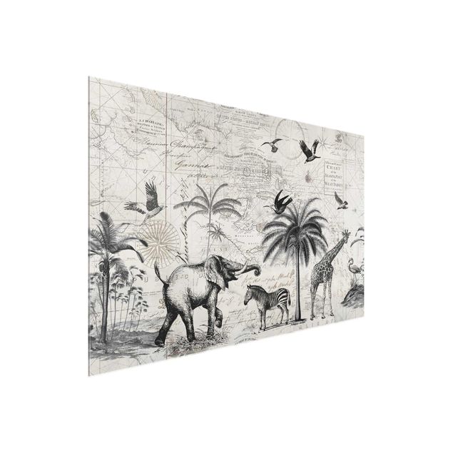 Wandbilder Zebras Vintage Collage - Exotische Landkarte