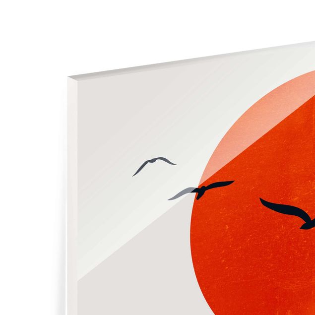 Wandbilder Rot Vogelschwarm vor roter Sonne I