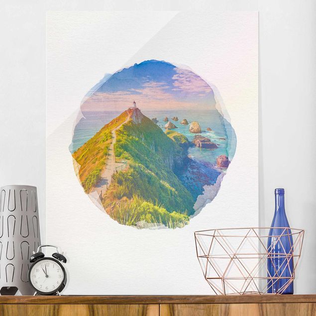Wandbilder Glas Natur Wasserfarben - Nugget Point Leuchtturm und Meer Neuseeland