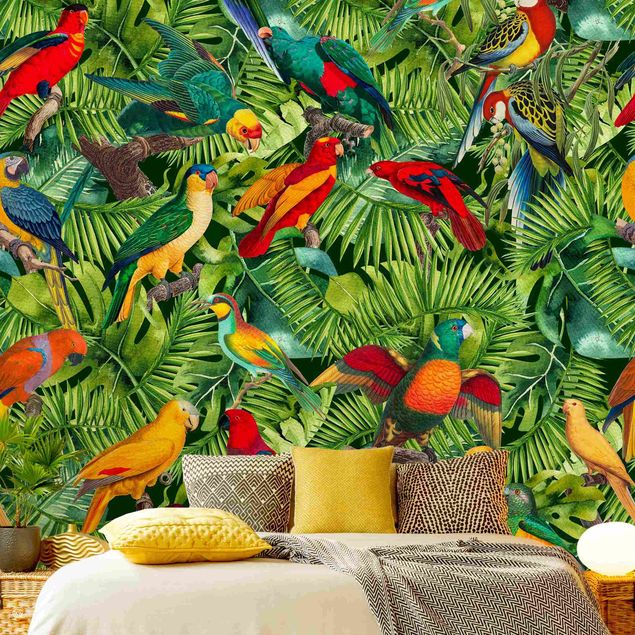 Blumentapete Bunte Collage - Papageien im Dschungel