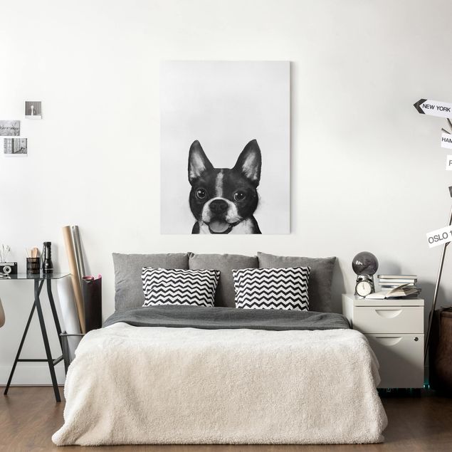 Leinwandbild Katze Illustration Hund Boston Schwarz Weiß Malerei
