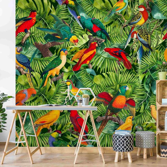 Fototapete modern Bunte Collage - Papageien im Dschungel