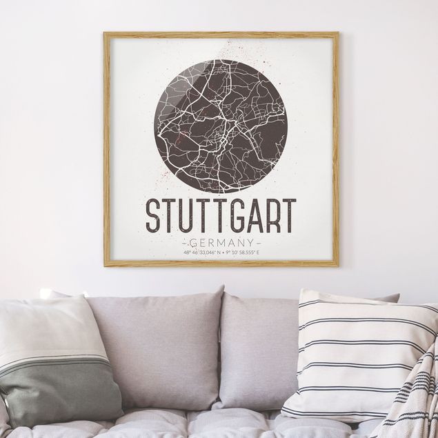 gerahmte Bilder schwarz-weiß Stadtplan Stuttgart - Retro