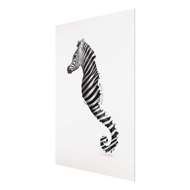 Glasbild schwarz-weiß Seepferdchen mit Zebrastreifen