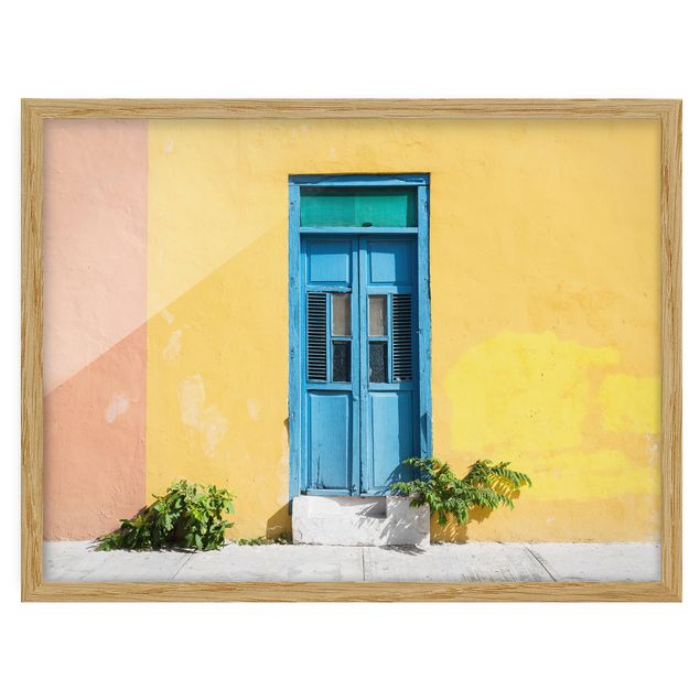Kunstdrucke mit Rahmen Bunte Wand blaue Tür