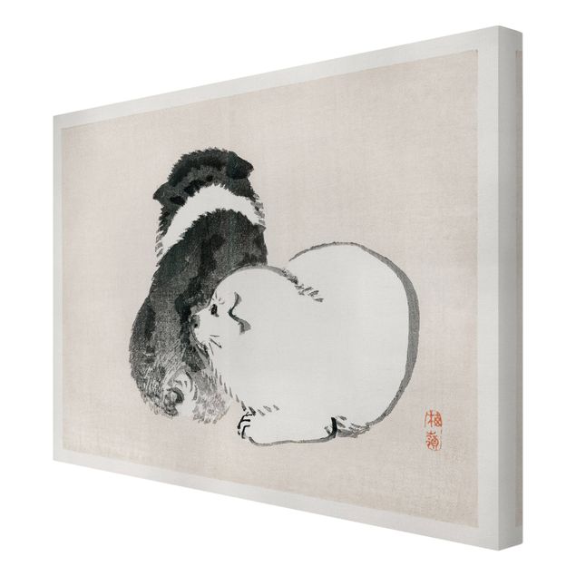 Tierbilder Leinwand Asiatische Vintage Zeichnung Schwarze und weiße Hündchen