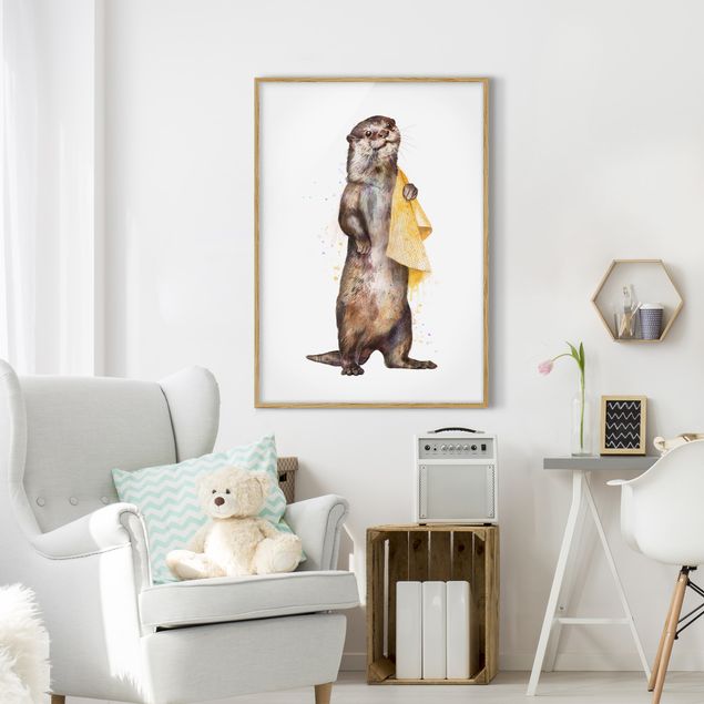 Wandbilder Kunstdrucke Illustration Otter mit Handtuch Malerei Weiß