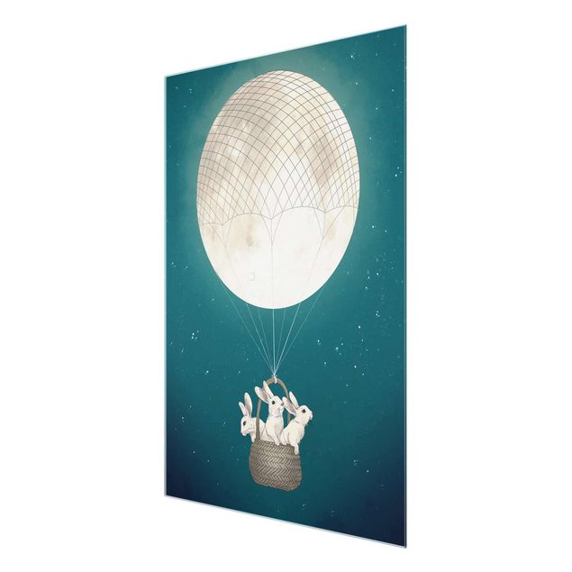 Wandbilder Türkis Illustration Hasen Mond-Heißluftballon Sternenhimmel