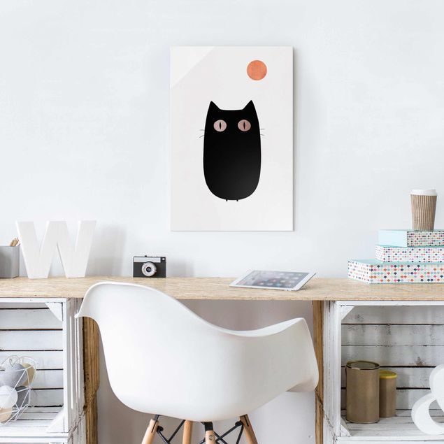 Glasbild schwarz-weiß Schwarze Katze Illustration