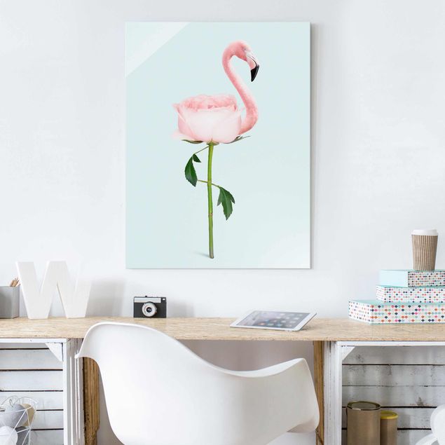 Glasbilder Rose Flamingo mit Rose