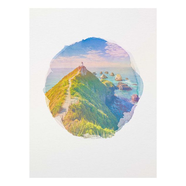 Wandbilder Landschaften Wasserfarben - Nugget Point Leuchtturm und Meer Neuseeland