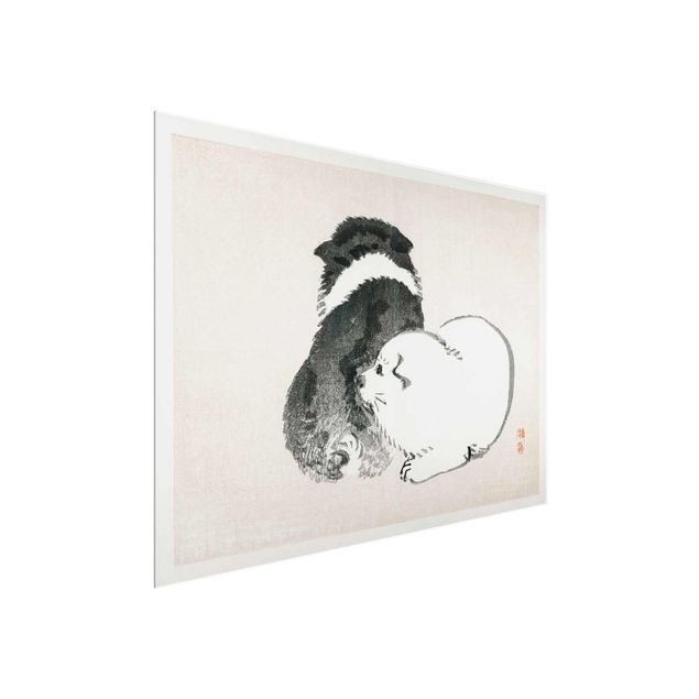 Glasbilder Tiere Asiatische Vintage Zeichnung Schwarze und weiße Hündchen