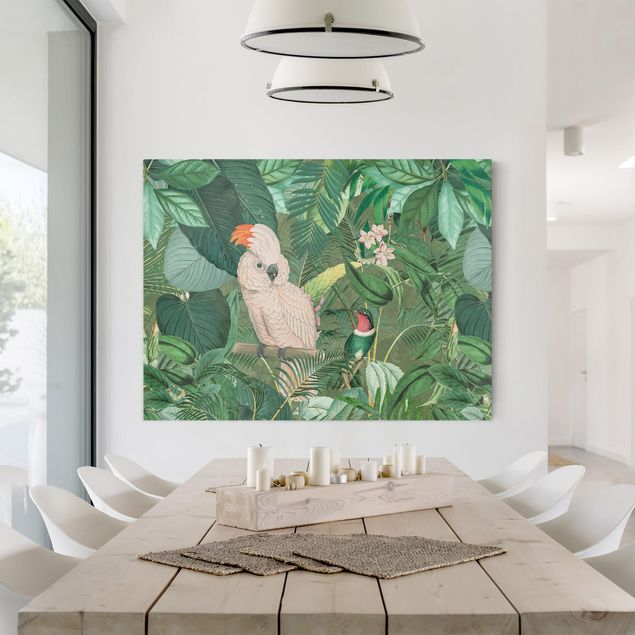 Leinwand Blumen Vintage Collage - Kakadu und Kolibri