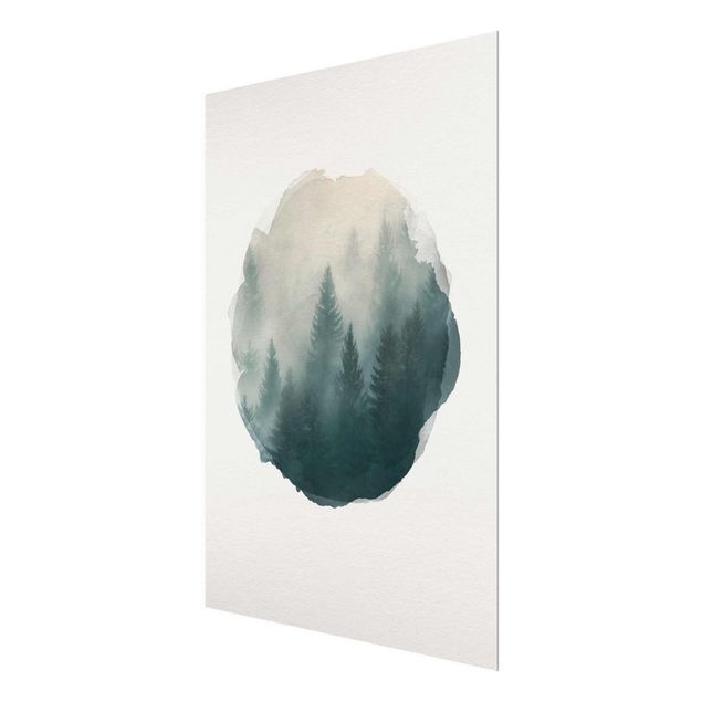 Wandbilder Natur Wasserfarben - Nadelwald im Nebel