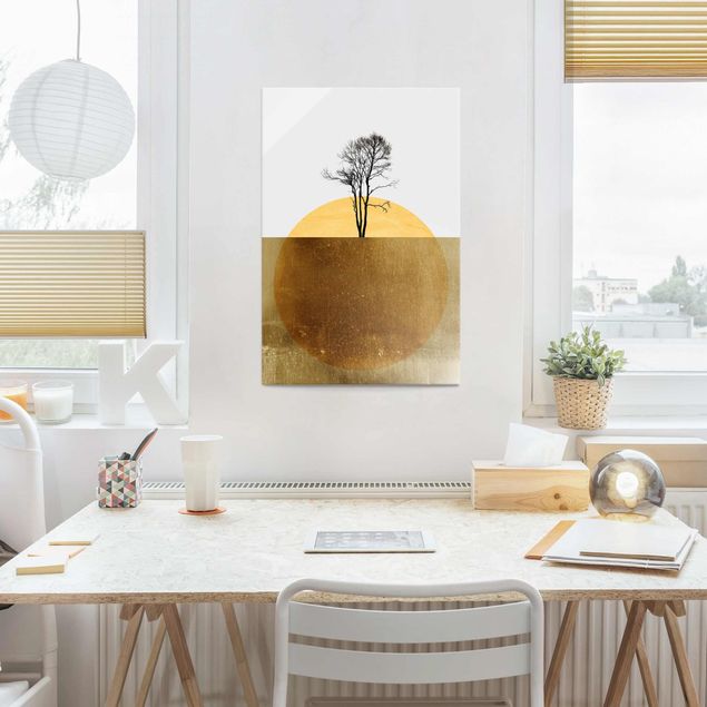 Wandbilder Landschaften Goldene Sonne mit Baum