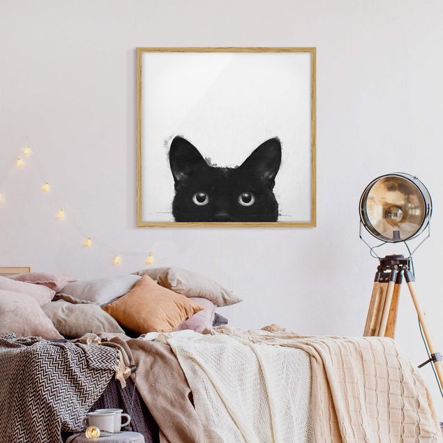 gerahmte Bilder schwarz-weiß Illustration Schwarze Katze auf Weiß Malerei