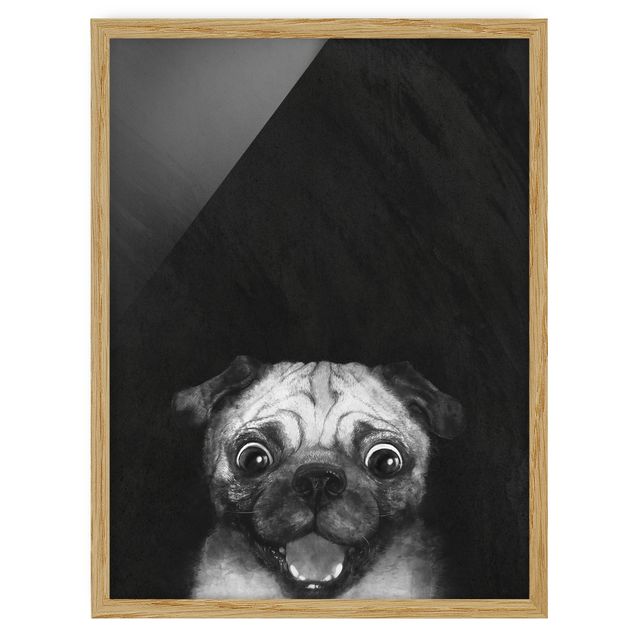 Gerahmte Bilder Tiere Illustration Hund Mops Malerei auf Schwarz Weiß