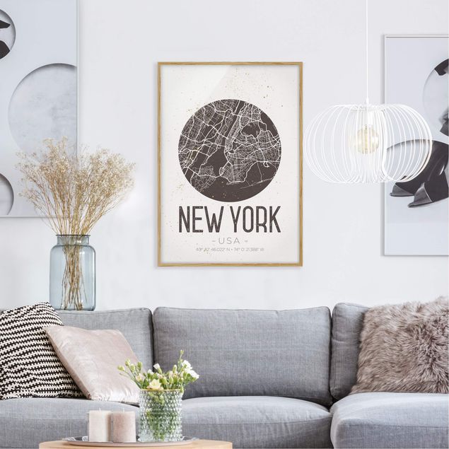 schwarz-weiß Bilder gerahmt Stadtplan New York - Retro