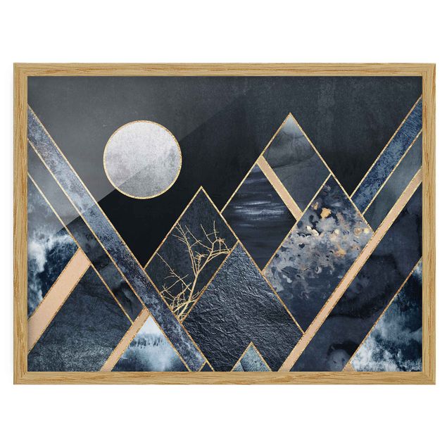 Wandbilder Kunstdrucke Goldener Mond abstrakte schwarze Berge