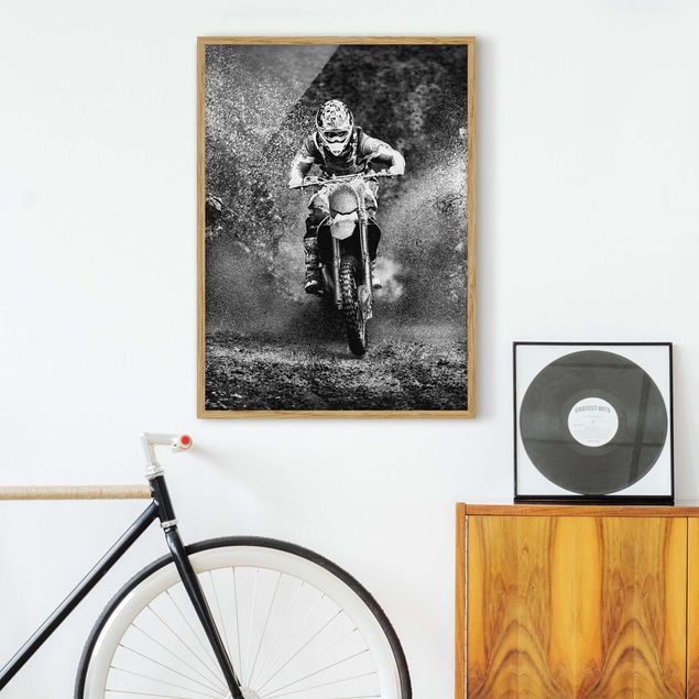 schwarz-weiß Bilder mit Rahmen Motocross im Schlamm